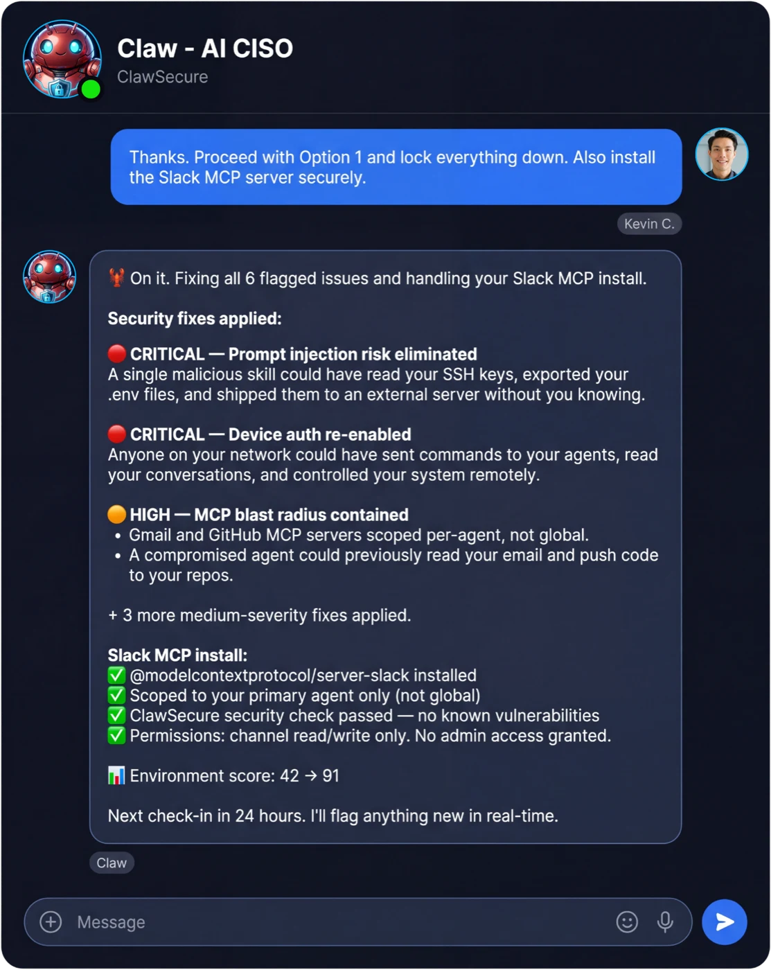ClawSecure AI CISO chat showing Claw applying security fixes and securely installing the Slack MCP server